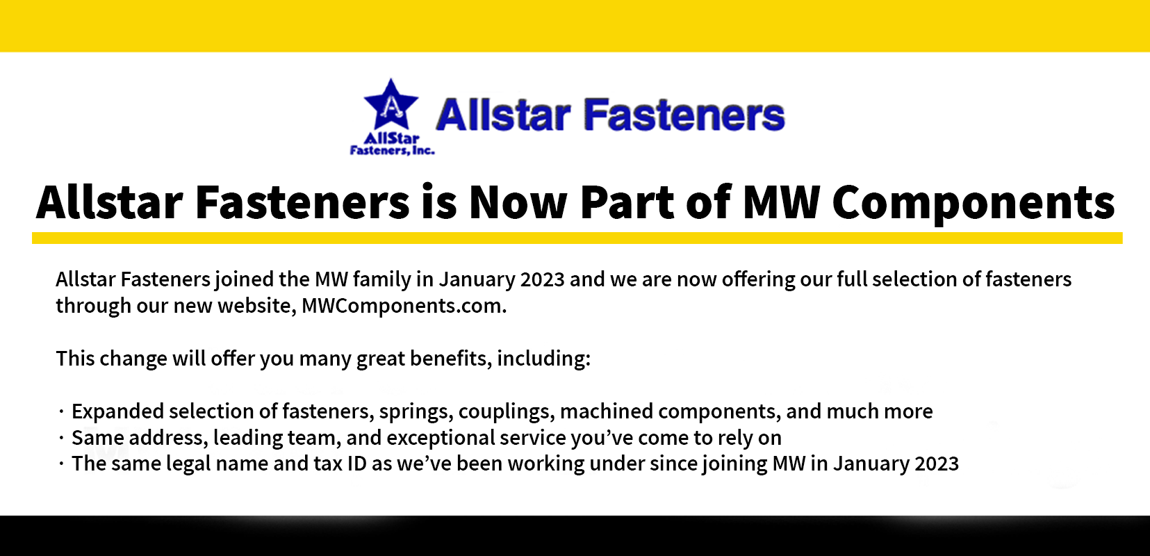 All Star Fasteners is now part of MW Components